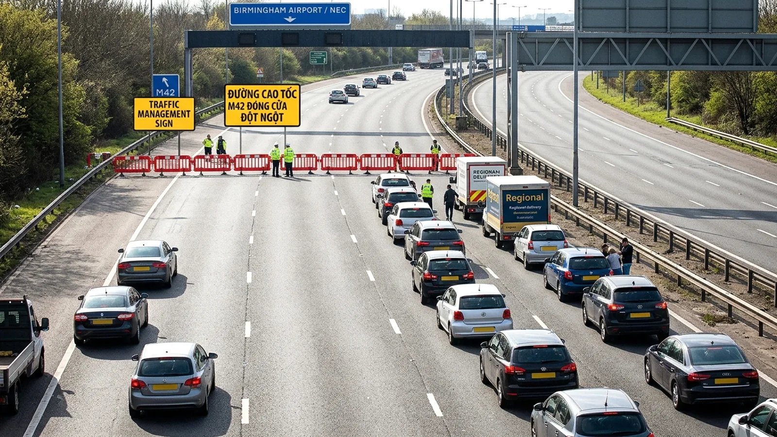 Cầu vượt M42 đóng cửa đột ngột tại Birmingham: Ảnh hưởng đến sân bay và NEC